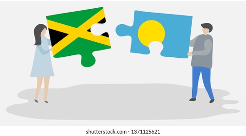 Couple holding two puzzles pieces with Jamaican and Palauan flags. Jamaica and Palau national symbols together.