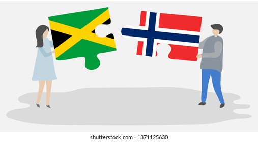 Couple holding two puzzles pieces with Jamaican and Norwegian flags. Jamaica and Norway national symbols together.