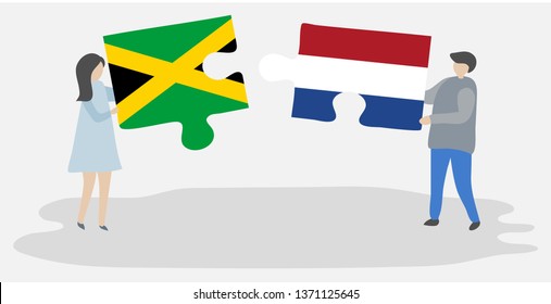 Couple holding two puzzles pieces with Jamaican and Dutch flags. Jamaica and Netherlands national symbols together.