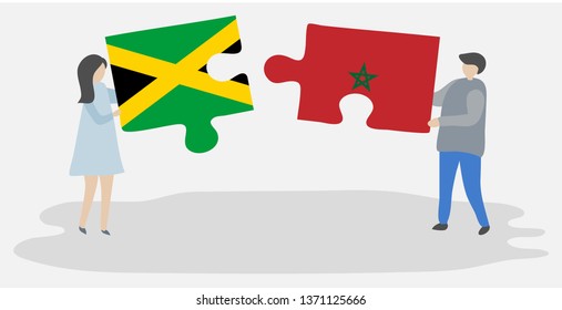 Couple holding two puzzles pieces with Jamaican and Moroccan flags. Jamaica and Morocco national symbols together.