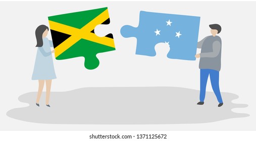 Couple holding two puzzles pieces with Jamaican and Micronesian flags. Jamaica and Micronesia national symbols together.