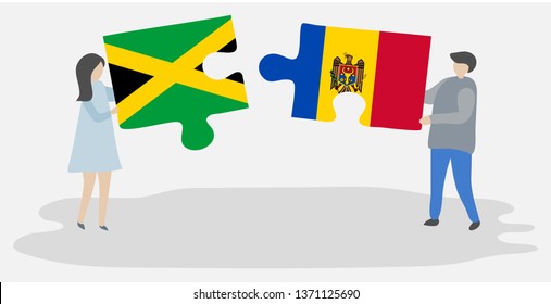 Couple holding two puzzles pieces with Jamaican and Moldovan flags. Jamaica and Moldova national symbols together.