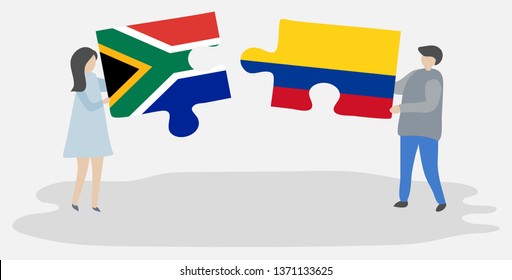Couple holding two puzzles pieces with South African and Colombian flags. South Africa and Colombia national symbols together.