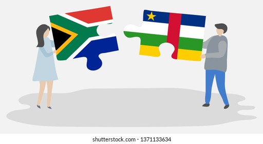Couple holding two puzzles pieces with South African and Central African flags. South Africa and Central African Republic national symbols together.