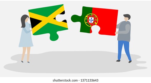 Couple holding two puzzles pieces with Jamaican and Portuguese flags. Jamaica and Portugal national symbols together.