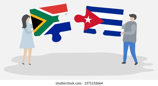 Couple holding two puzzles pieces with South African and Cuban flags. South Africa and Cuba national symbols together.