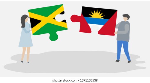 Couple holding two puzzles pieces with Jamaican and Antiguan flags. Jamaica and Antigua and Barbuda national symbols together.