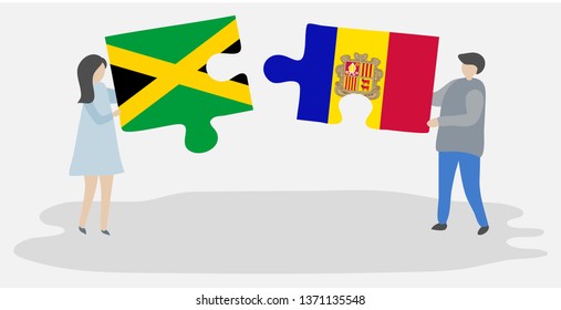Couple holding two puzzles pieces with Jamaican and Andorran flags. Jamaica and Andorra national symbols together.