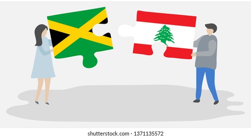 Couple holding two puzzles pieces with Jamaican and Lebanese flags. Jamaica and Lebanon national symbols together.