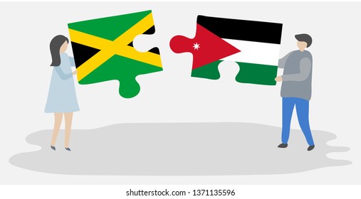 Couple holding two puzzles pieces with Jamaican and Jordanian flags. Jamaica and Jordan national symbols together.