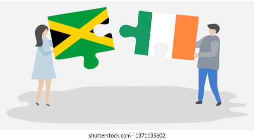 Couple holding two puzzles pieces with Jamaican and Irish flags. Jamaica and Ireland national symbols together.