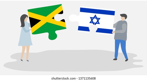 Couple holding two puzzles pieces with Jamaican and Israeli flags. Jamaica and Israel national symbols together.