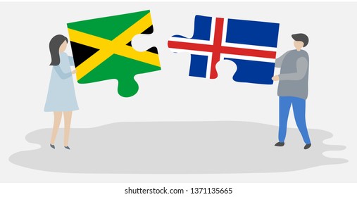 Couple holding two puzzles pieces with Jamaican and Icelandic flags. Jamaica and Iceland national symbols together.