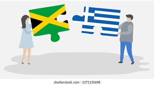 Couple holding two puzzles pieces with Jamaican and Greek flags. Jamaica and Greece national symbols together.
