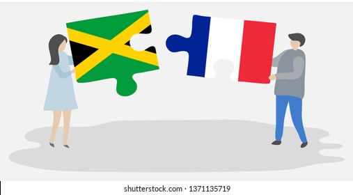 Couple holding two puzzles pieces with Jamaican and French flags. Jamaica and France national symbols together.