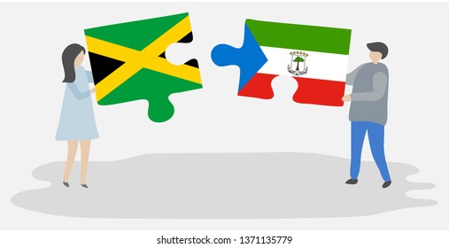 Couple holding two puzzles pieces with Jamaican and Equatorial Guinean flags. Jamaica and Equatorial Guinea national symbols together.