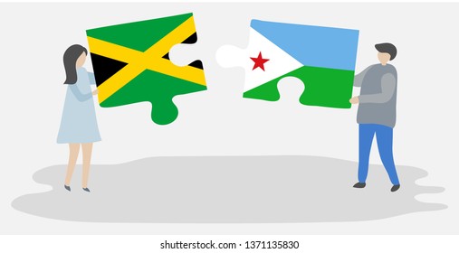 Couple holding two puzzles pieces with Jamaican and Djiboutian flags. Jamaica and Djibouti national symbols together.