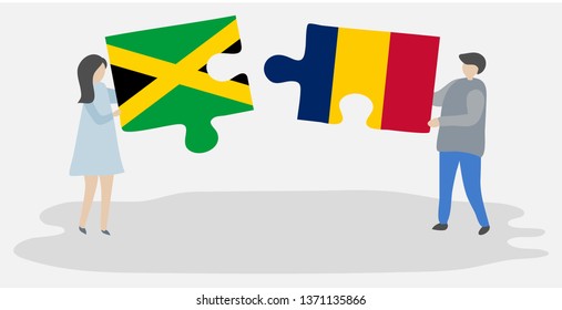 Couple holding two puzzles pieces with Jamaican and Chadian flags. Jamaica and Chad national symbols together.