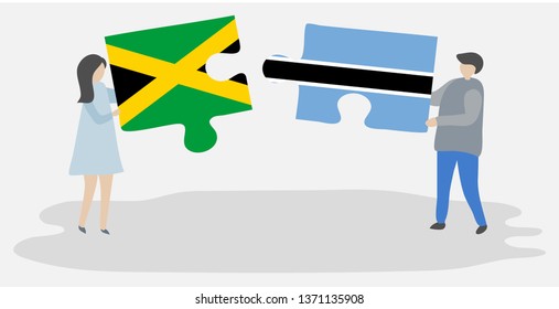 Couple holding two puzzles pieces with Jamaican and Motswana flags. Jamaica and Botswana national symbols together.