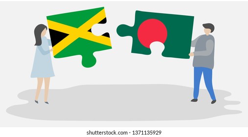 Couple holding two puzzles pieces with Jamaican and Bangladeshi flags. Jamaica and Bangladesh national symbols together.
