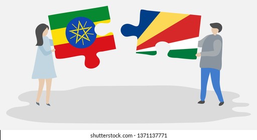 Couple holding two puzzles pieces with Ethiopian and Seychellois flags. Ethiopia and Seychelles national symbols together.