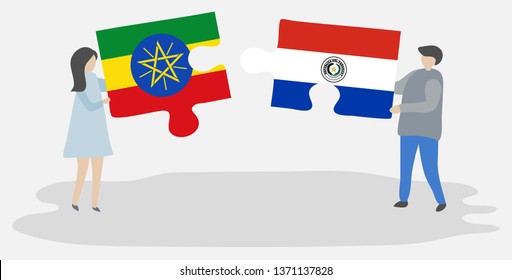 Couple holding two puzzles pieces with Ethiopian and Paraguayan flags. Ethiopia and Paraguay national symbols together.