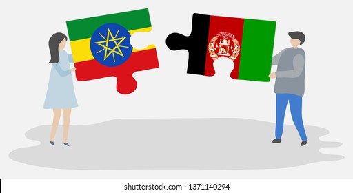 Couple holding two puzzles pieces with Ethiopian and Afghan flags. Ethiopia and Afghanistan national symbols together.