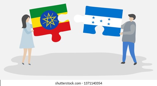 Couple holding two puzzles pieces with Ethiopian and Honduran flags. Ethiopia and Honduras national symbols together.