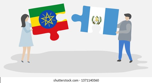 Couple holding two puzzles pieces with Ethiopian and Guatemalan flags. Ethiopia and Guatemala national symbols together.