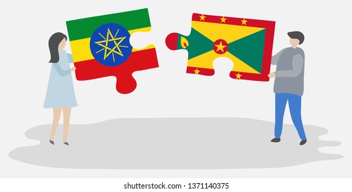 Couple holding two puzzles pieces with Ethiopian and Grenadian flags. Ethiopia and Grenada national symbols together.