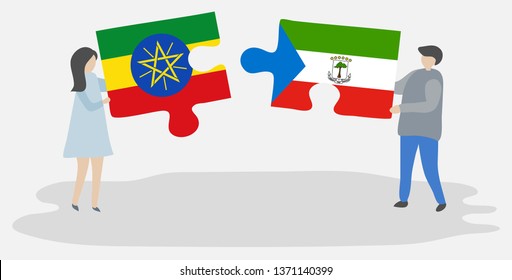 Couple holding two puzzles pieces with Ethiopian and Equatorial Guinean flags. Ethiopia and Equatorial Guinea national symbols together.