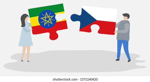 Couple holding two puzzles pieces with Ethiopian and Czech flags. Ethiopia and Czech Republic national symbols together.