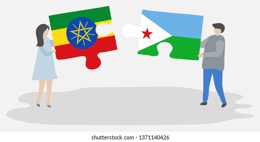 Couple holding two puzzles pieces with Ethiopian and Djiboutian flags. Ethiopia and Djibouti national symbols together.