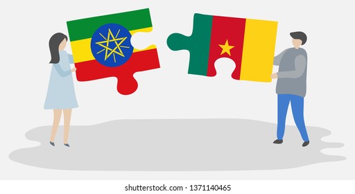 Couple holding two puzzles pieces with Ethiopian and Cameroonian flags. Ethiopia and Cameroon national symbols together.