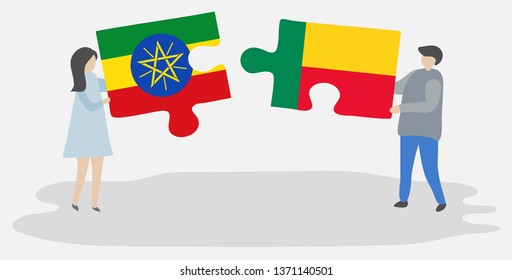 Couple holding two puzzles pieces with Ethiopian and Beninese flags. Ethiopia and Benin national symbols together.