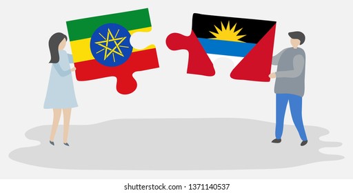 Couple holding two puzzles pieces with Ethiopian and Antiguan flags. Ethiopia and Antigua and Barbuda national symbols together.