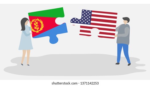 Couple holding two puzzles pieces with Eritrean and American flags. Eritrea and United States of America national symbols together.