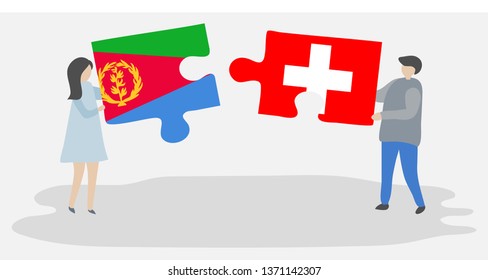 Couple holding two puzzles pieces with Eritrean and Swiss flags. Eritrea and Switzerland national symbols together.