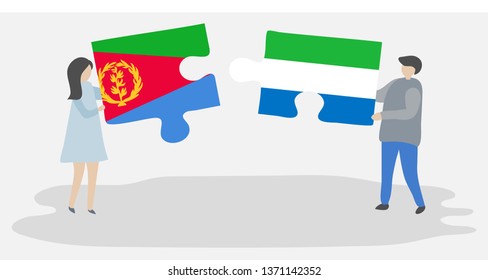 Couple holding two puzzles pieces with Eritrean and Sierra Leonean flags. Eritrea and Sierra Leone national symbols together.
