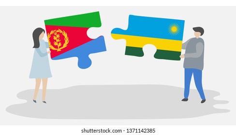 Couple holding two puzzles pieces with Eritrean and Rwandan flags. Eritrea and Rwanda national symbols together.
