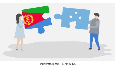 Couple holding two puzzles pieces with Eritrean and Micronesian flags. Eritrea and Micronesia national symbols together.