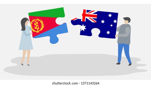 Couple holding two puzzles pieces with Eritrean and Australian flags. Eritrea and Australia national symbols together.