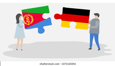 Couple holding two puzzles pieces with Eritrean and German flags. Eritrea and Germany national symbols together.