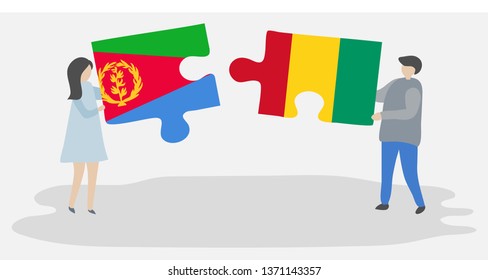Couple holding two puzzles pieces with Eritrean and Guinean flags. Eritrea and Guinea national symbols together.