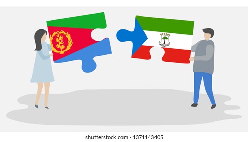 Couple holding two puzzles pieces with Eritrean and Equatorial Guinean flags. Eritrea and Equatorial Guinea national symbols together.