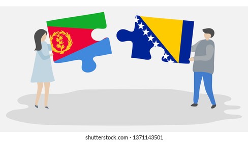 Couple holding two puzzles pieces with Eritrean and Bosnian flags. Eritrea and Bosnia and Herzegovina national symbols together.