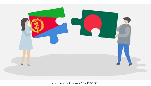 Couple holding two puzzles pieces with Eritrean and Bangladeshi flags. Eritrea and Bangladesh national symbols together.
