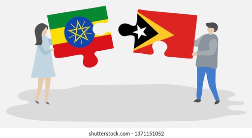 Couple holding two puzzles pieces with Ethiopian and Timorese flags. Ethiopia and East Timor national symbols together.