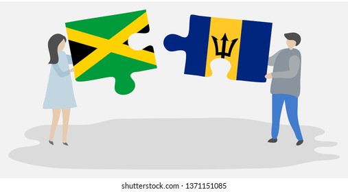 Couple holding two puzzles pieces with Jamaican and Barbadian flags. Jamaica and Barbados national symbols together.