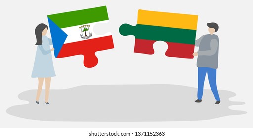 Couple holding two puzzles pieces with Equatorial Guinean and Lithuanian flags. Equatorial Guinea and Lithuania national symbols together.
